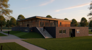 Visualisatie van het ontwerp door VDLP architecten van het clubgebouw NWC Asten met houten gevel en transparante kantine
