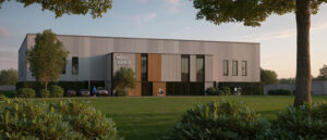 Visualisatie van indoor padelcentrum in Goirle met entree en groene sportpark-omgeving. Ontwerp en vergunning door VDLP architecten